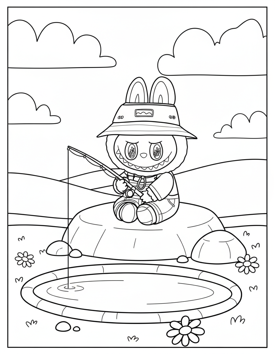 Labubu fishing in pond wearing hat coloring page
