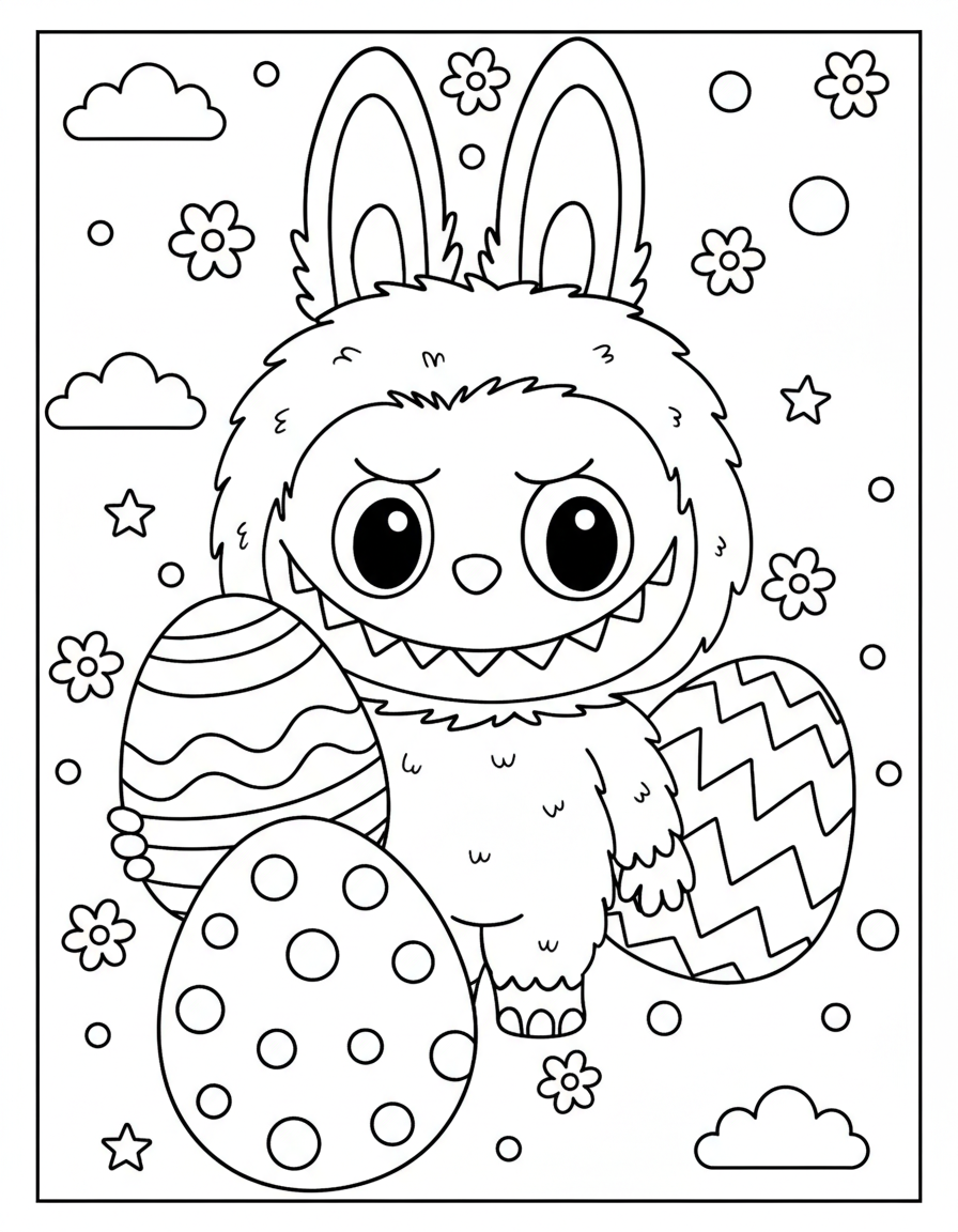Labubu holding big Easter eggs coloring page