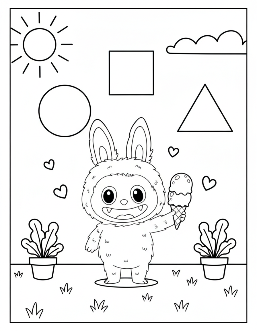 Labubu holding ice cream with shapes coloring page