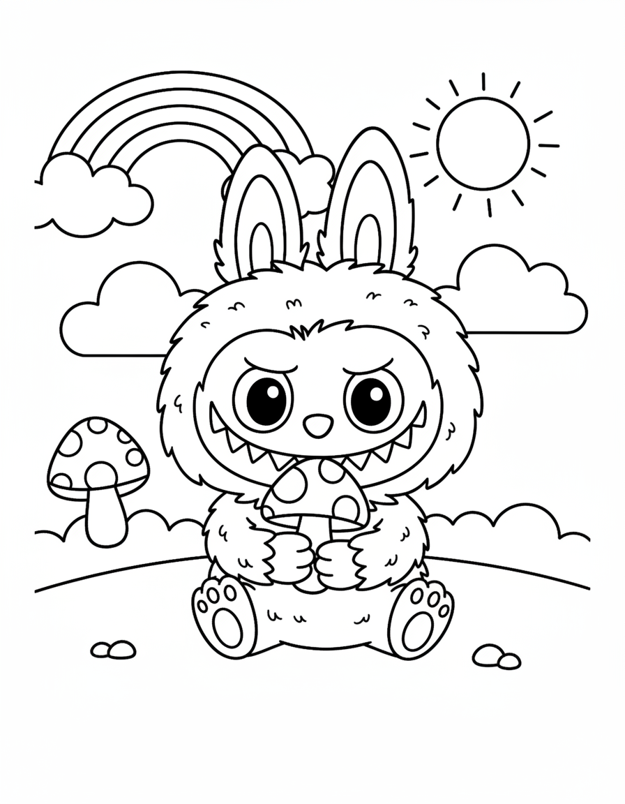 Labubu holding mushroom under rainbow coloring page