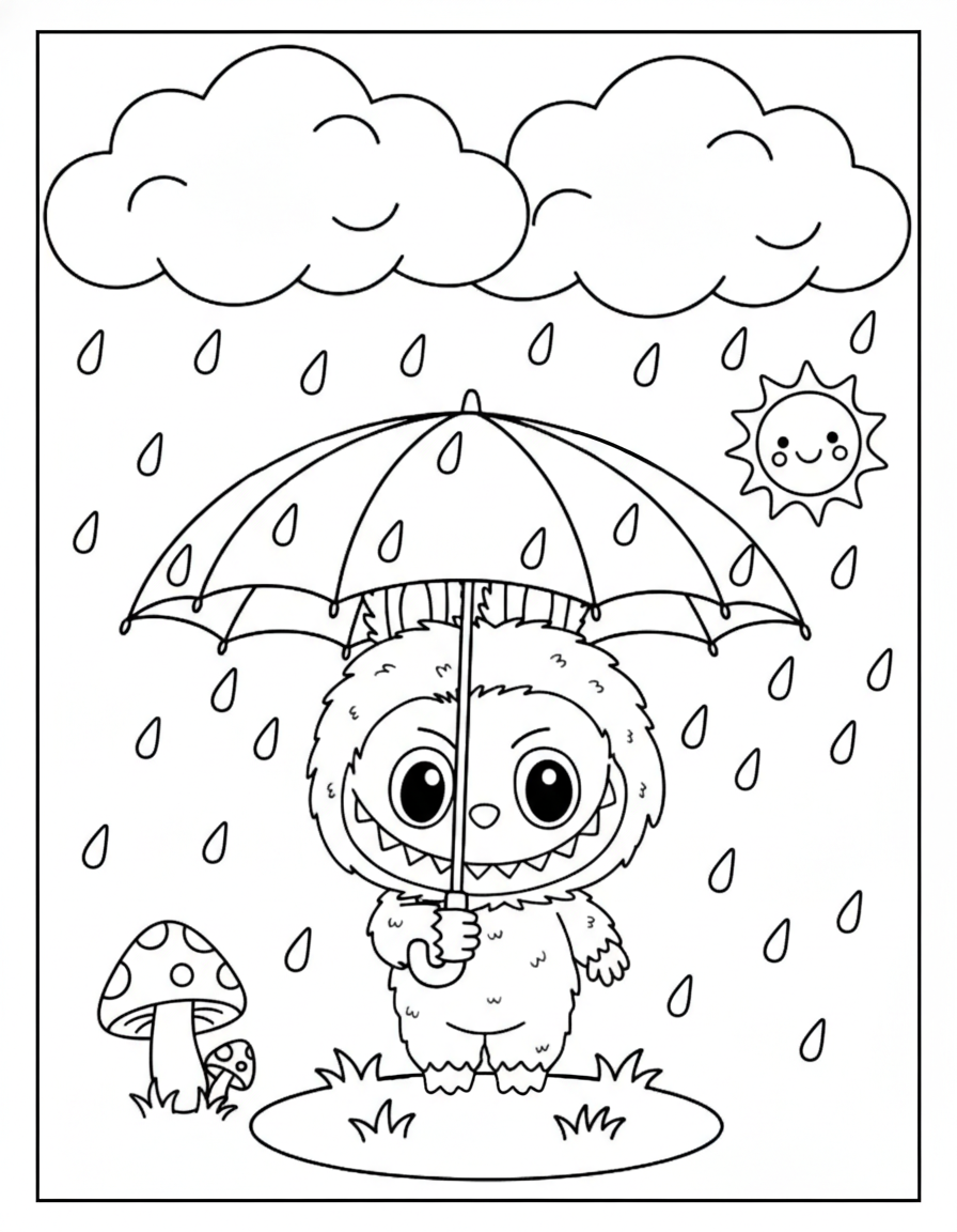 Labubu holding umbrella in rain coloring page