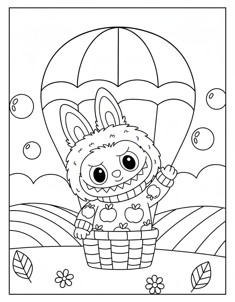 Labubu riding hot air balloon coloring page