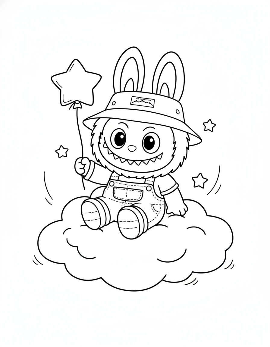 Labubu sitting on cloud star coloring page
