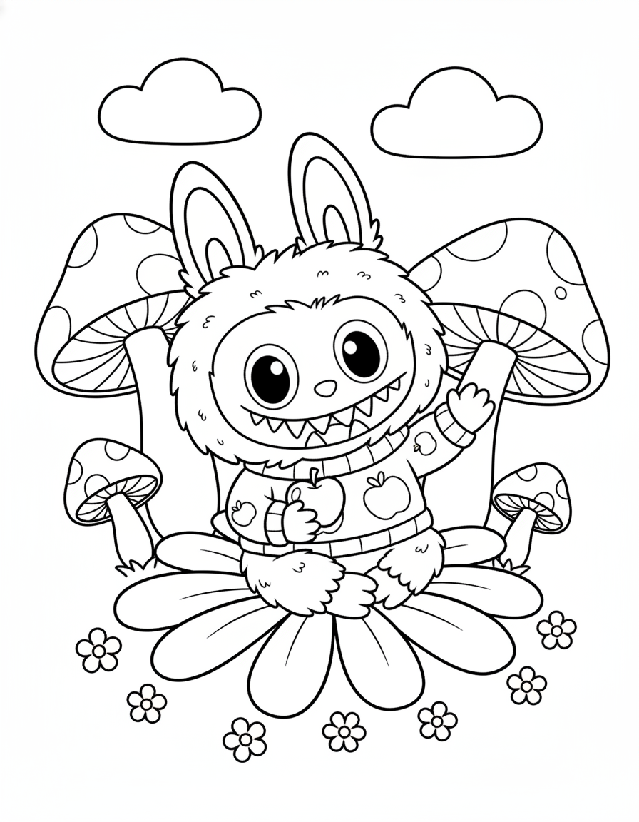 Labubu sitting on flower mushroom coloring page