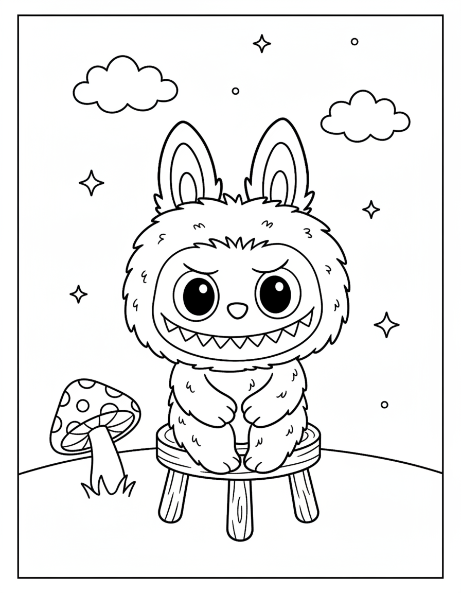 Labubu sitting on wooden stool coloring page