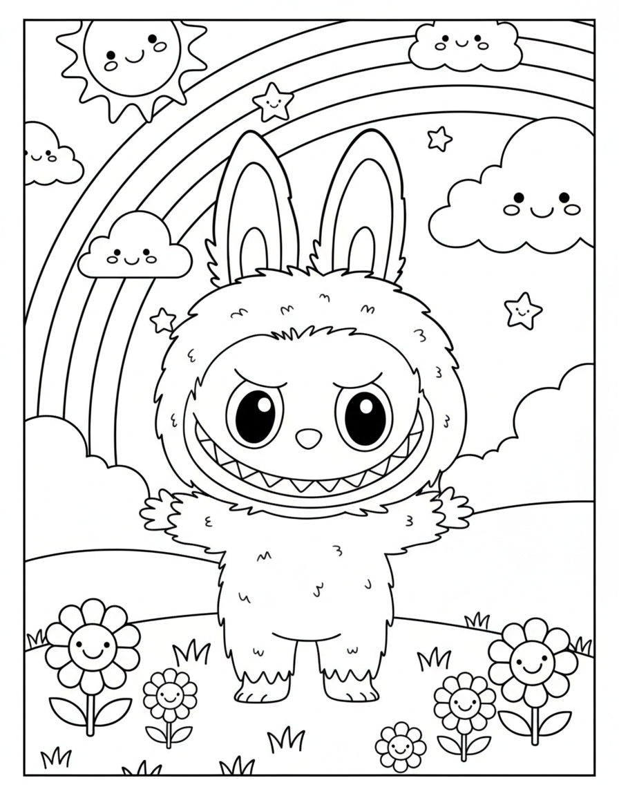 Labubu under rainbow with flowers coloring page