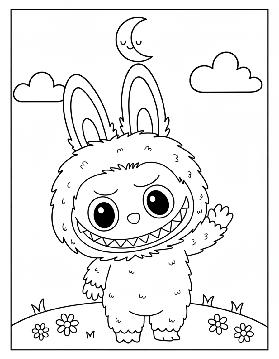 Labubu waving under sleeping moon coloring page