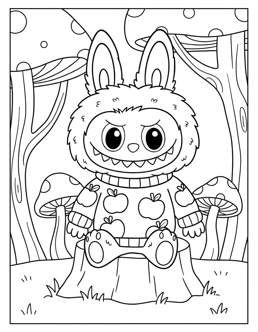Labubu wearing apple sweater forest coloring page