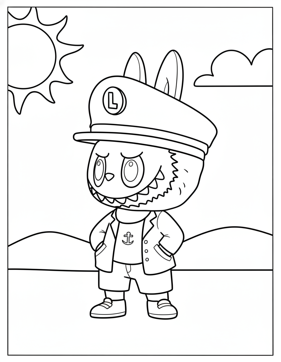 Labubu wearing captain hat sailor coloring page