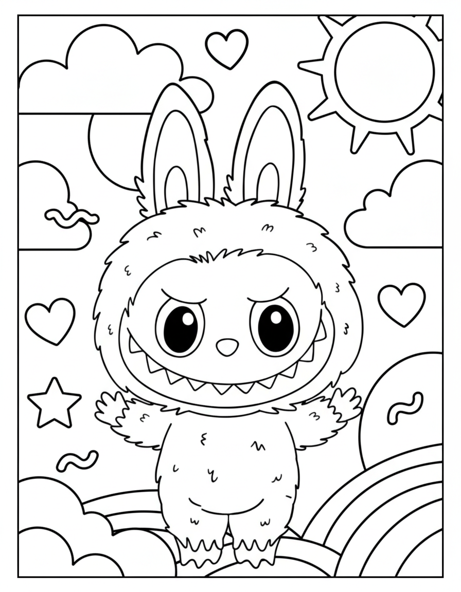 Labubu with hearts and stars coloring page