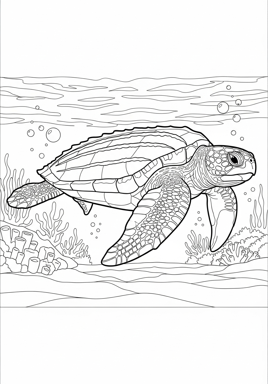 Leatherback sea turtle deep ocean coloring page