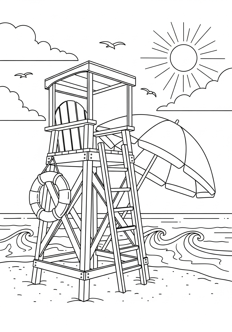 Lifeguard chair tower by sea coloring page