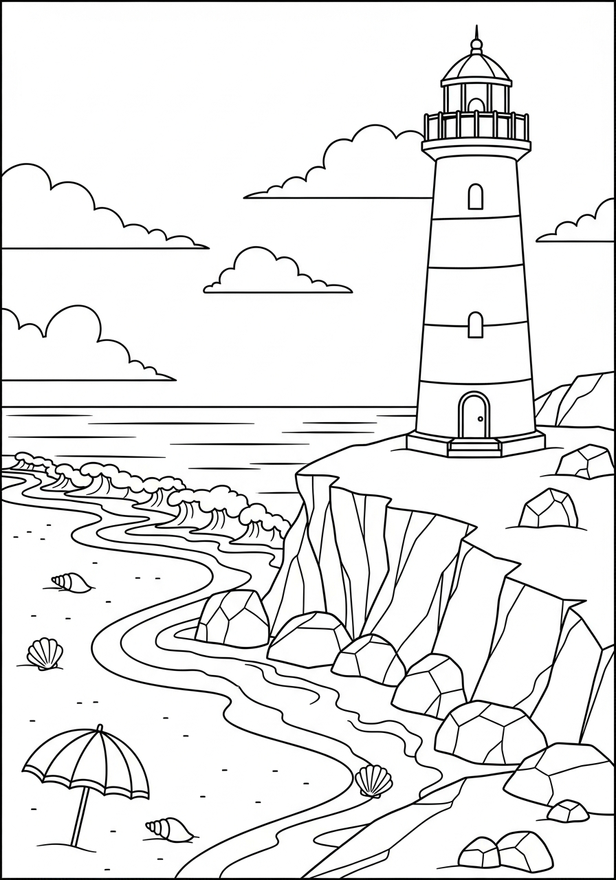 Lighthouse on cliff by ocean coloring page