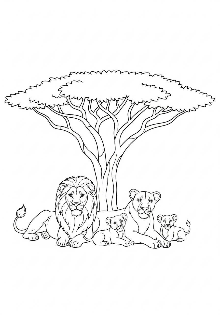Lion family with cubs coloring page