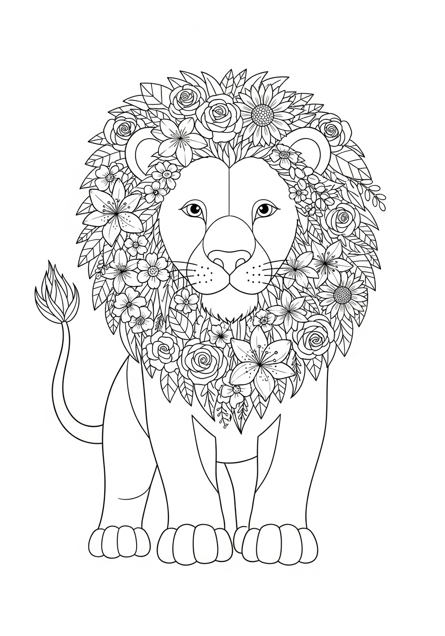 Lion with floral mane coloring page
