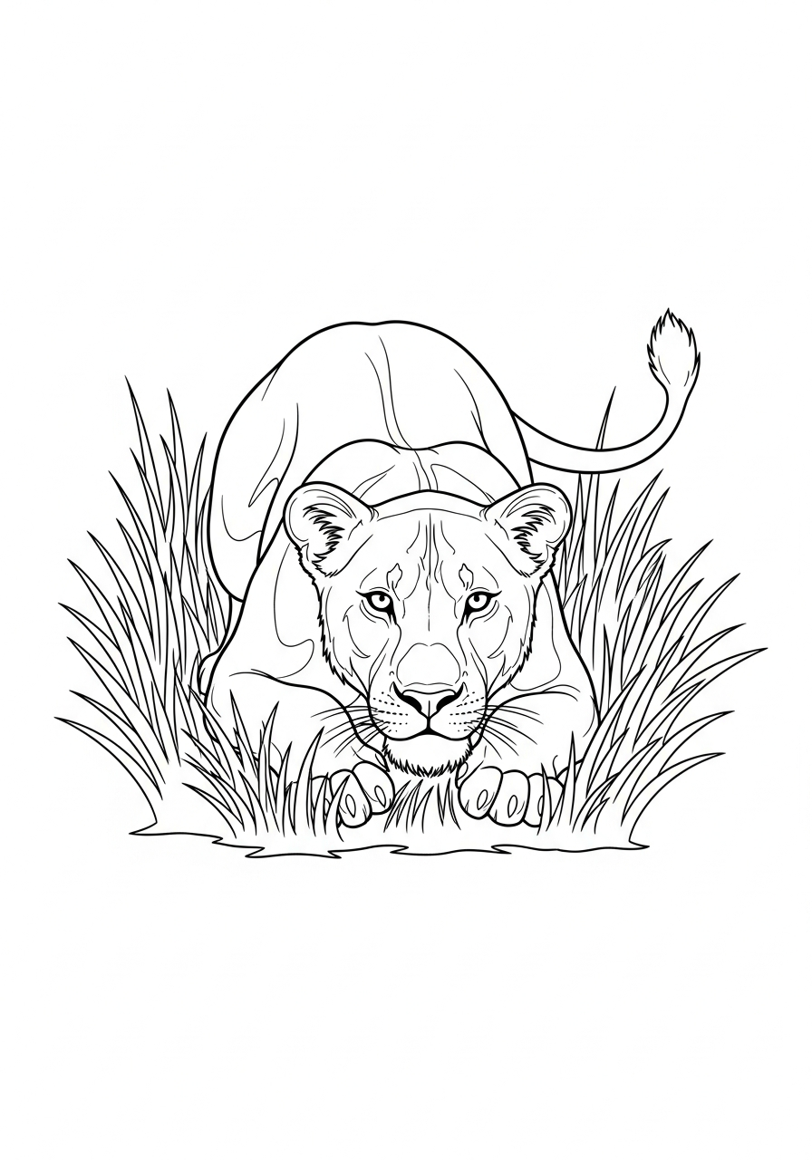 Lioness hunting in grass coloring page