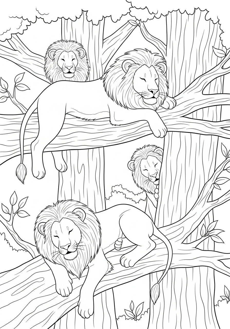 Lions climbing a tree coloring page