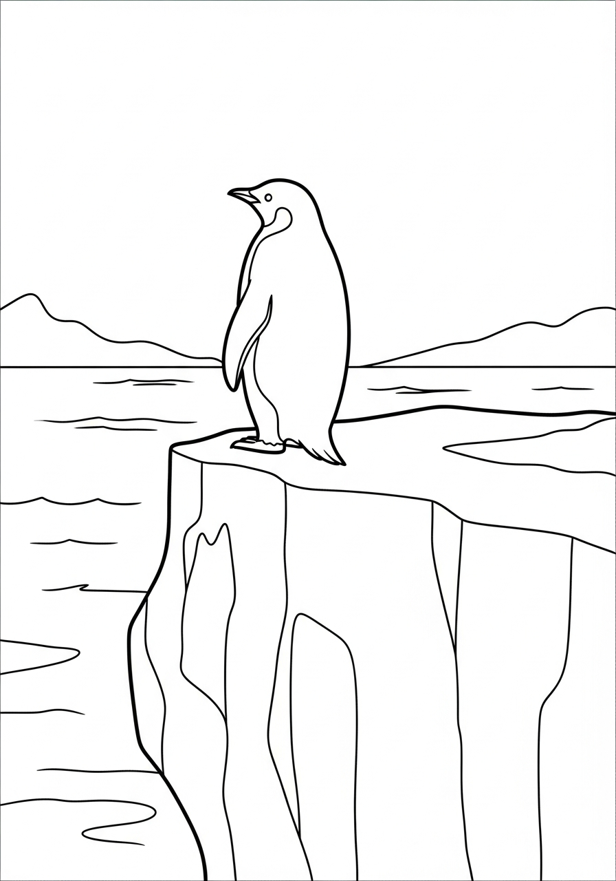 Lone penguin standing on iceberg coloring page