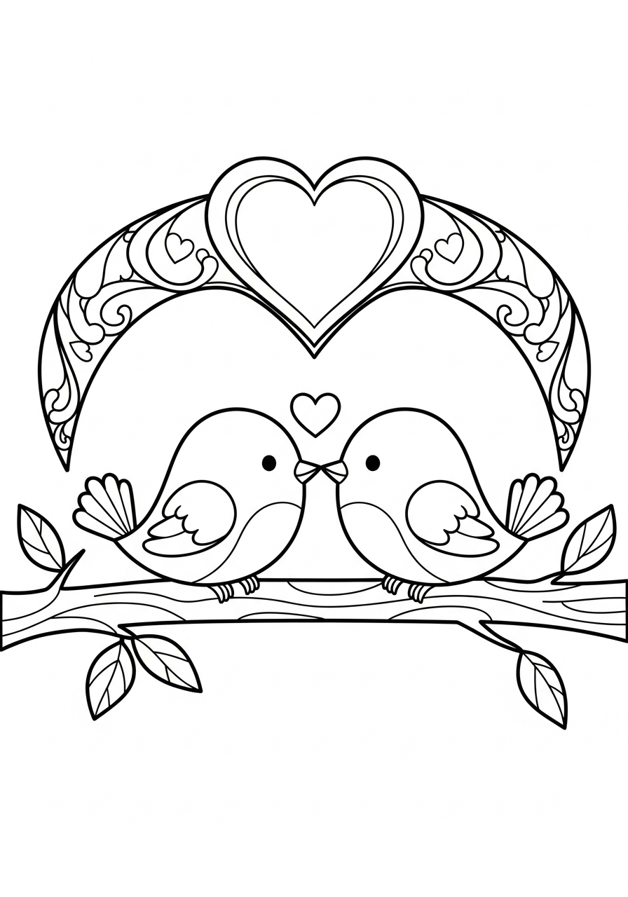 Valentine's Day Coloring Pages 27 Lovebirds kissing on branch valentine coloring page