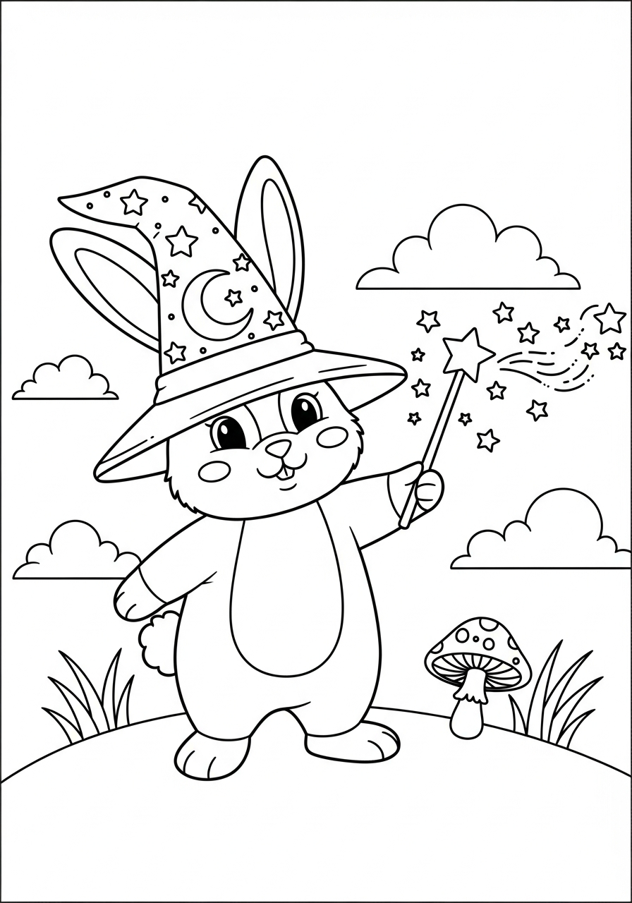 Magic wizard bunny casting spells coloring page