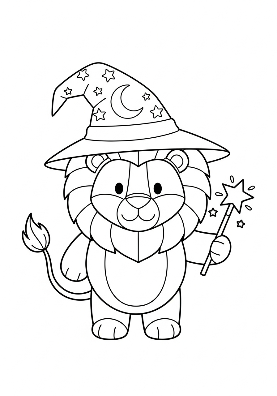 Magic wizard lion with hat coloring page