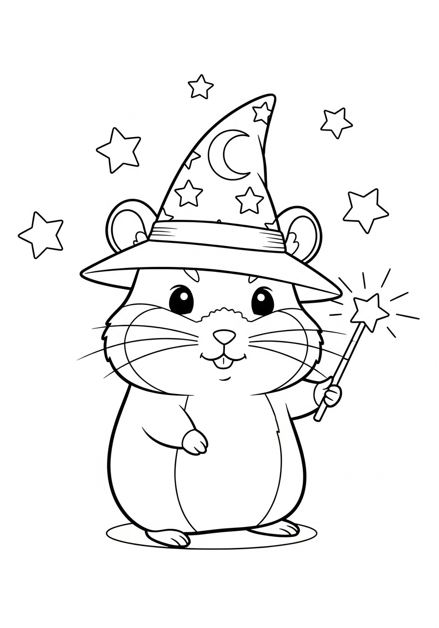 Magical hamster wizard with wand coloring page
