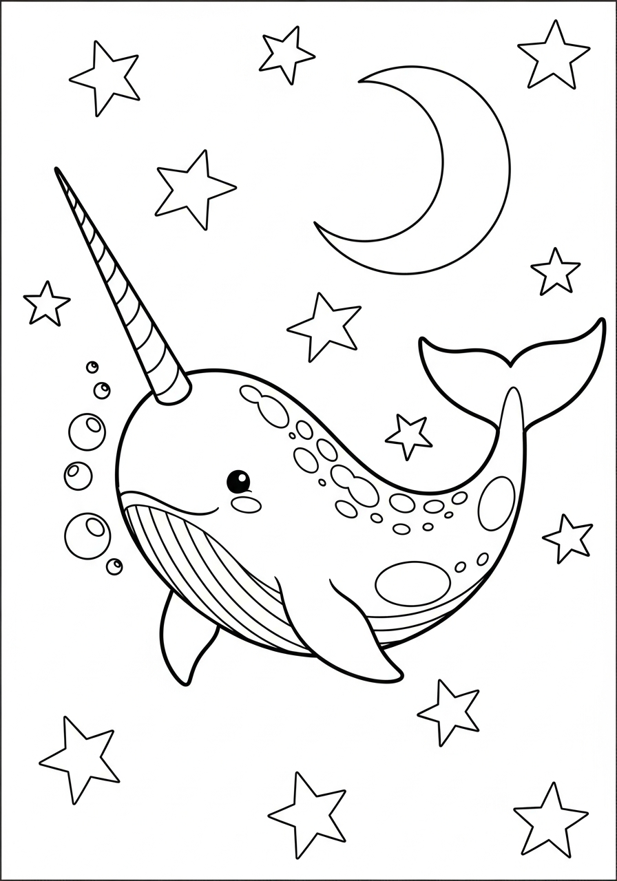 Narwhal Coloring Pages 13 Magical narwhal in starry sky coloring page
