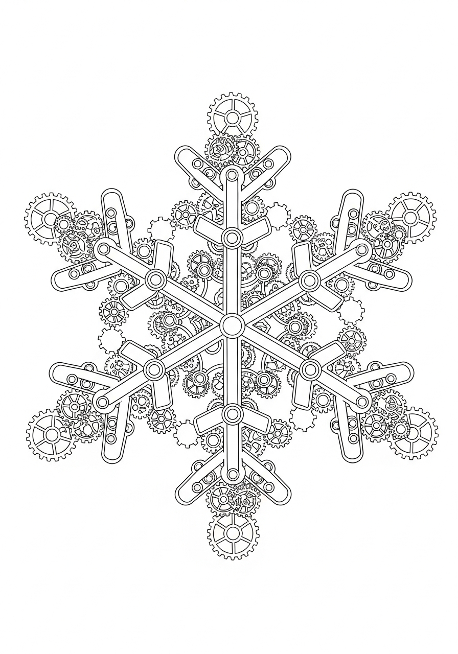 Mechanical gear steampunk snowflake coloring page