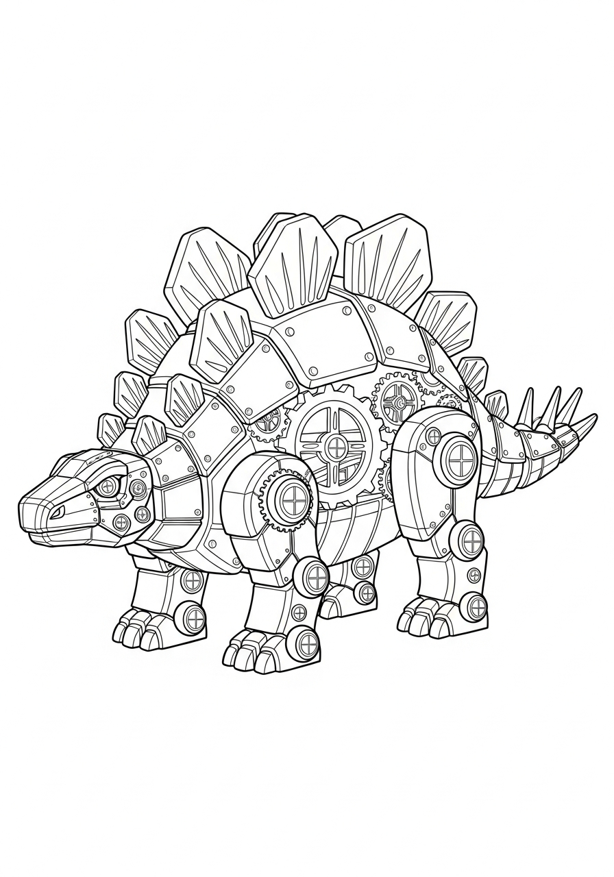 Mechanical robot gear dinosaur stegosaurus coloring page