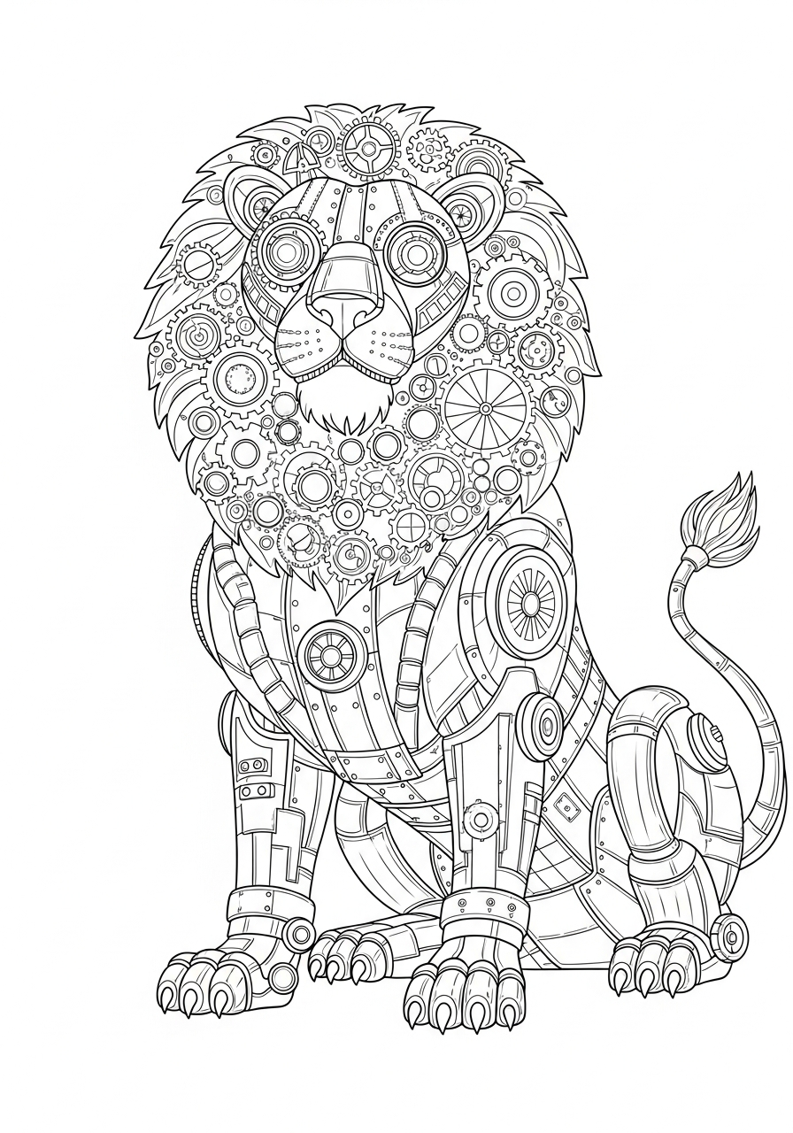 Mechanical steampunk style lion coloring page