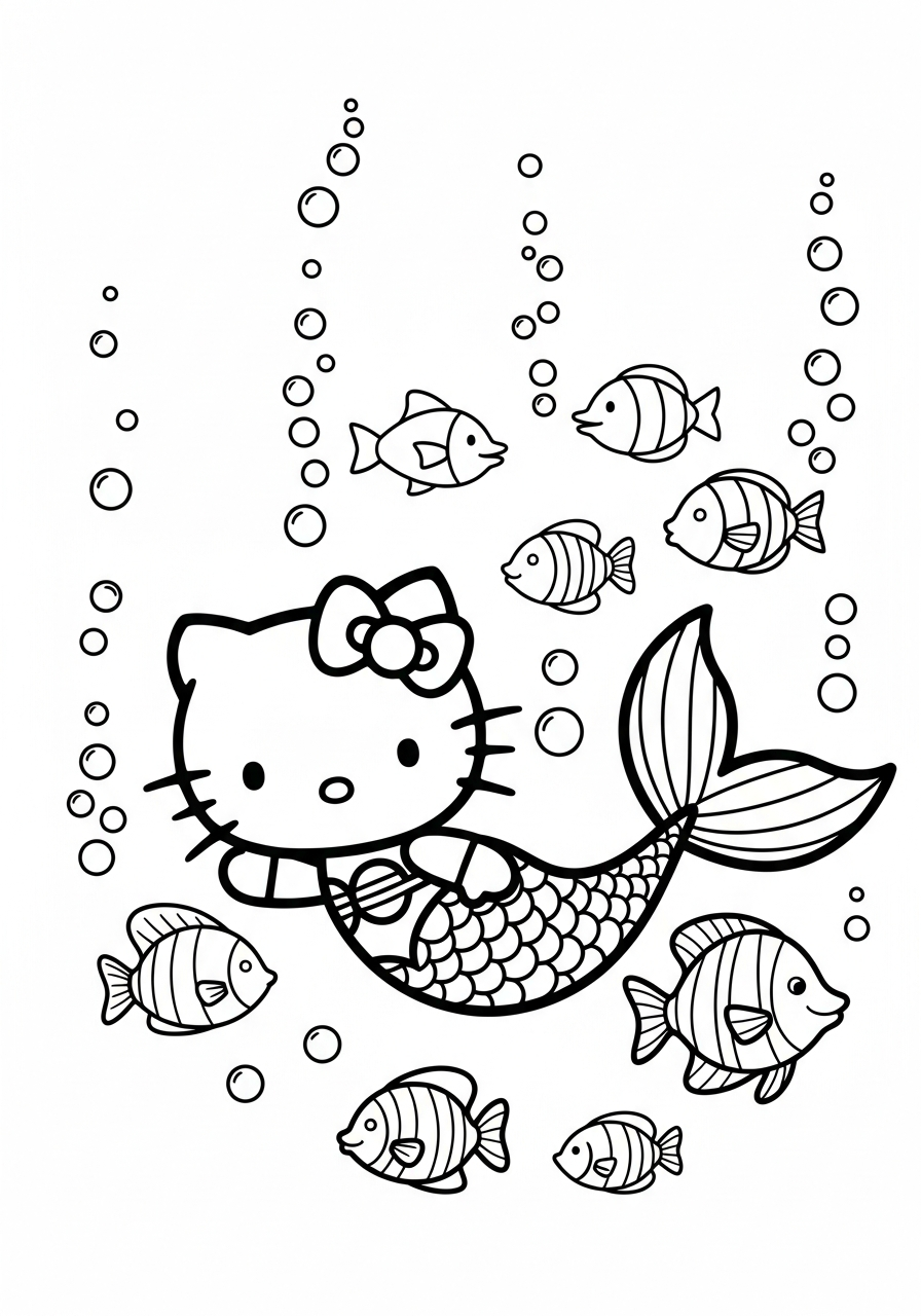 Mermaid Hello Kitty swimming underwater coloring page