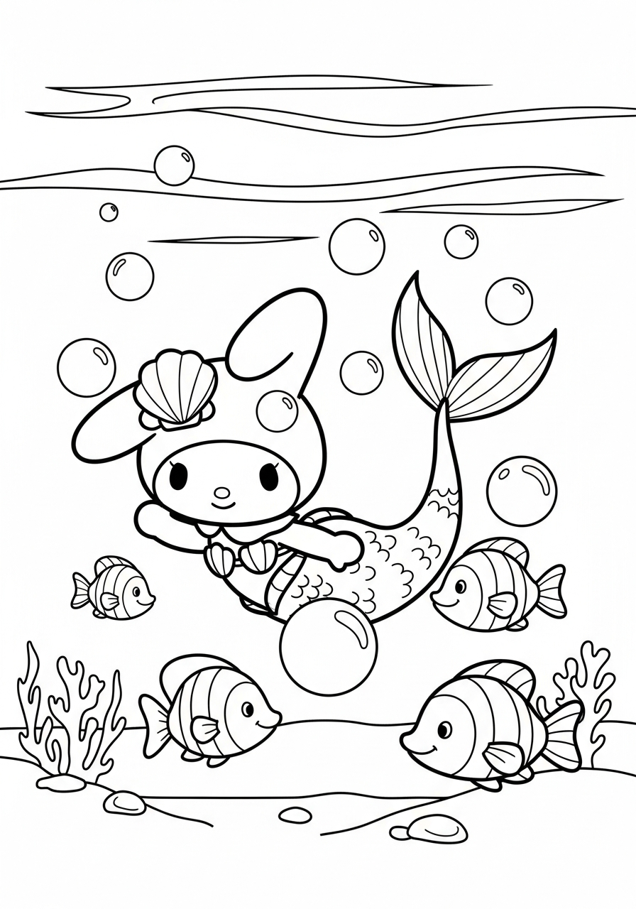 Mermaid My Melody swimming underwater coloring page