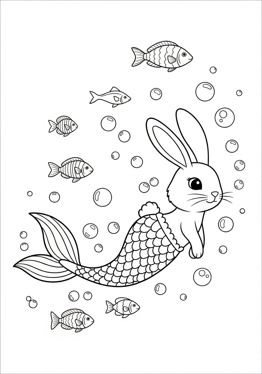 Mermaid bunny swimming underwater tail coloring page