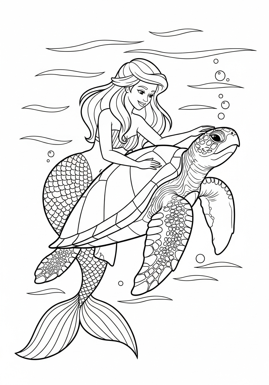 Mermaid friend with sea turtle coloring page