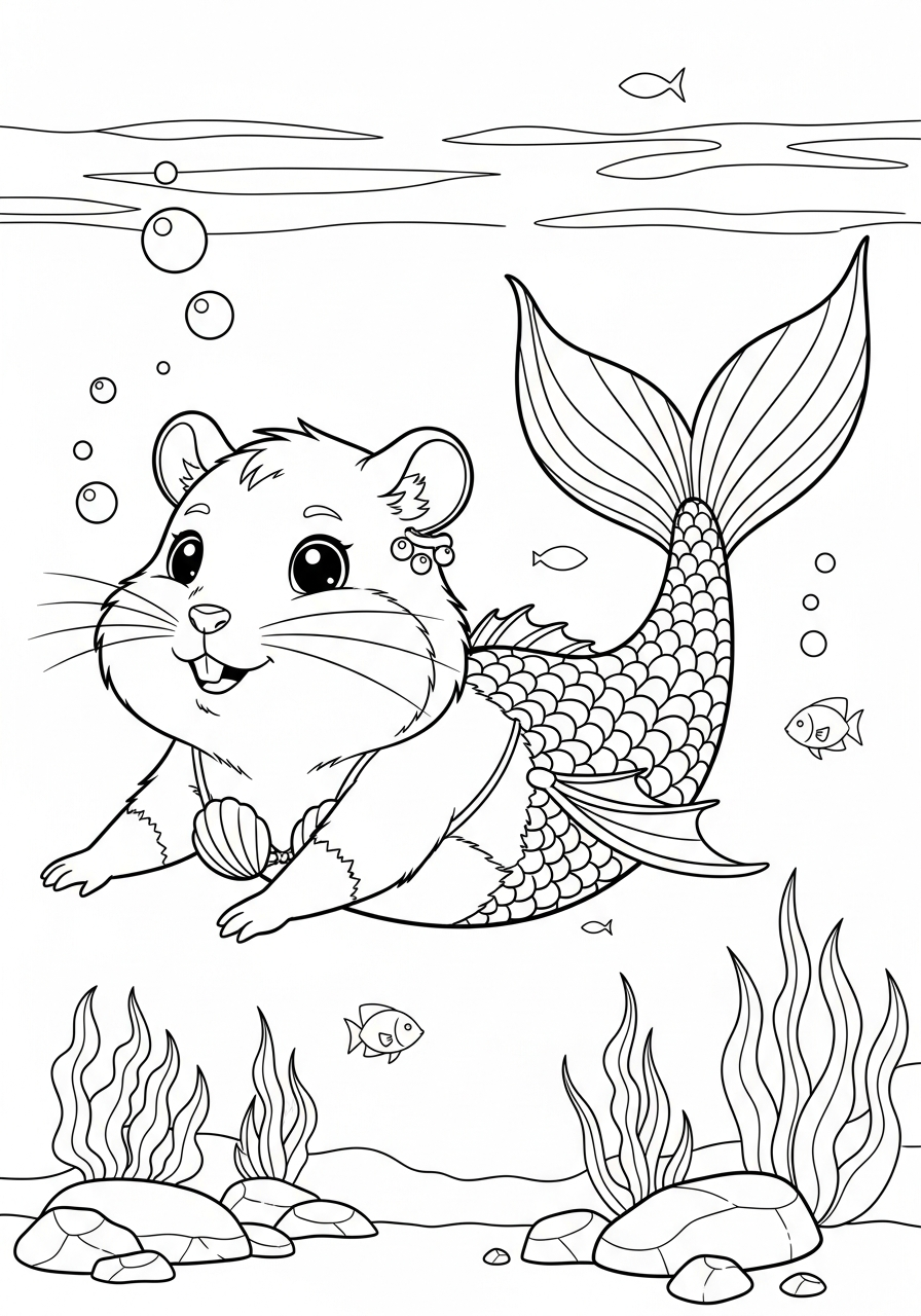 Mermaid hamster with fish tail coloring page