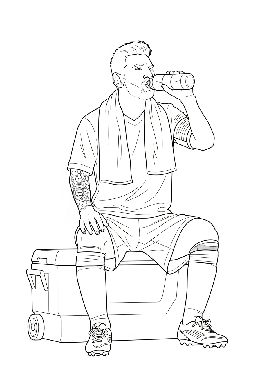 Messi drinking water break coloring page