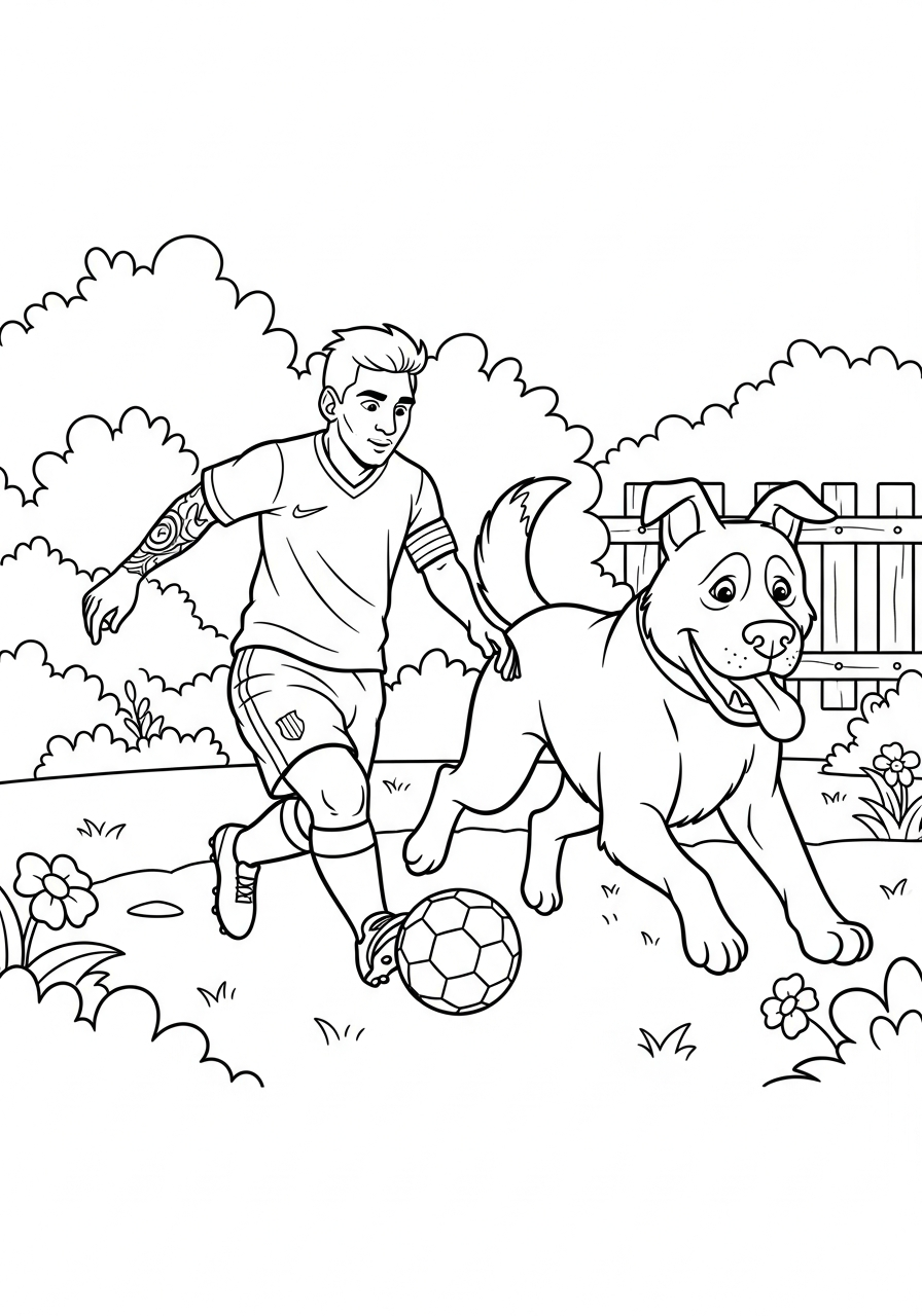 Messi playing with dog coloring page