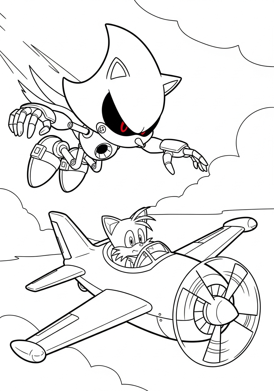 Metal Sonic chasing Tails coloring page