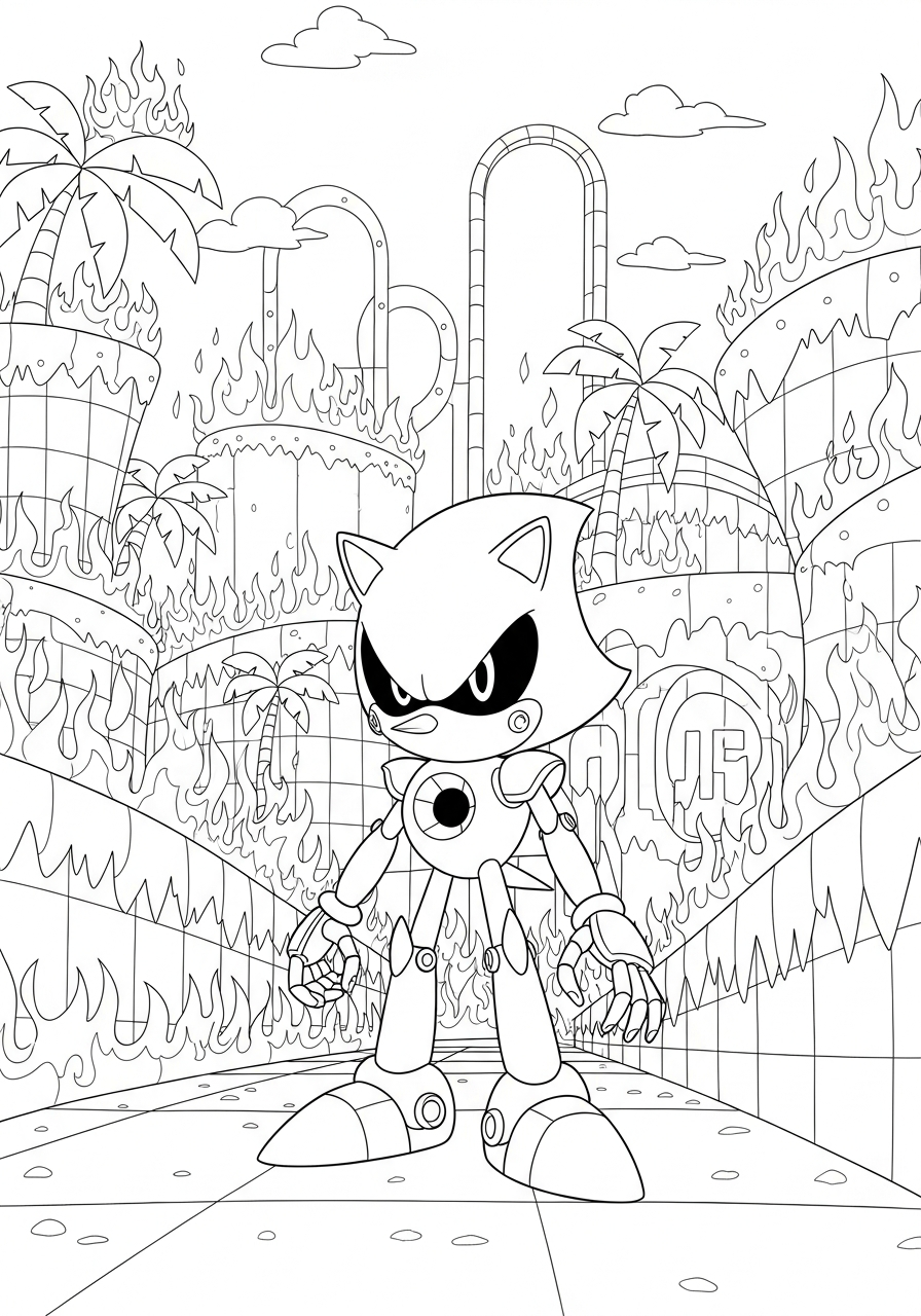 Metal Sonic fire background coloring page