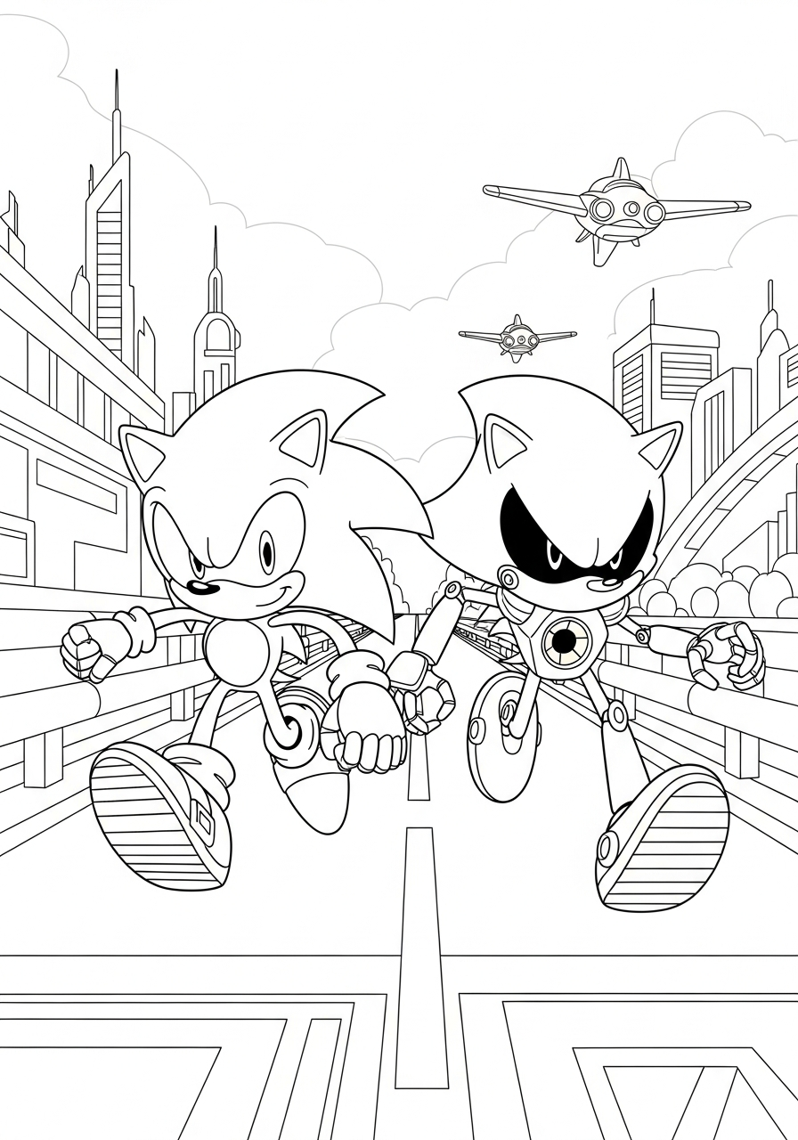 Metal Sonic racing Sonic coloring page