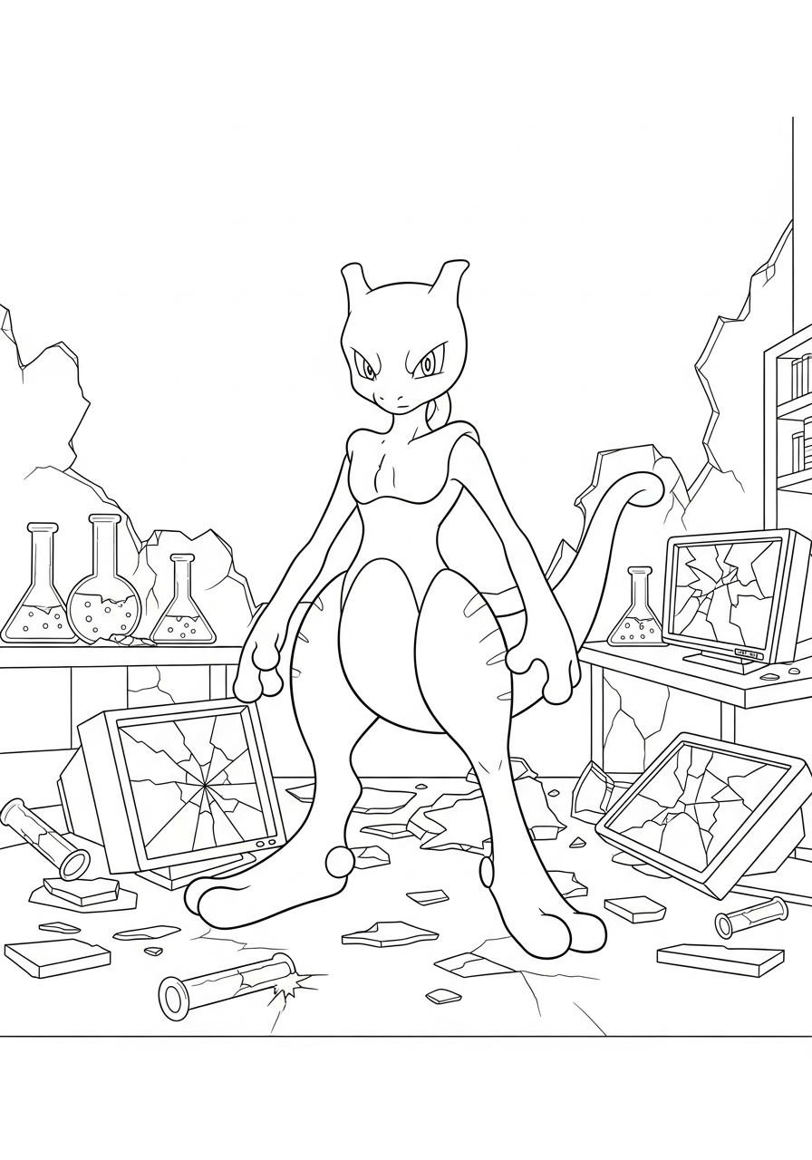 Mewtwo Coloring Pages 16 Mewtwo escaping destroyed lab coloring page
