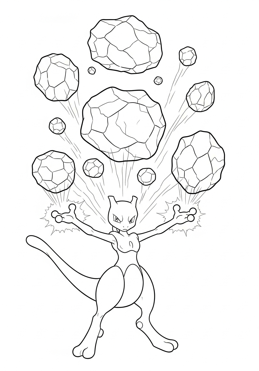 Mewtwo Coloring Pages 21 Mewtwo lifting rocks psychic coloring page