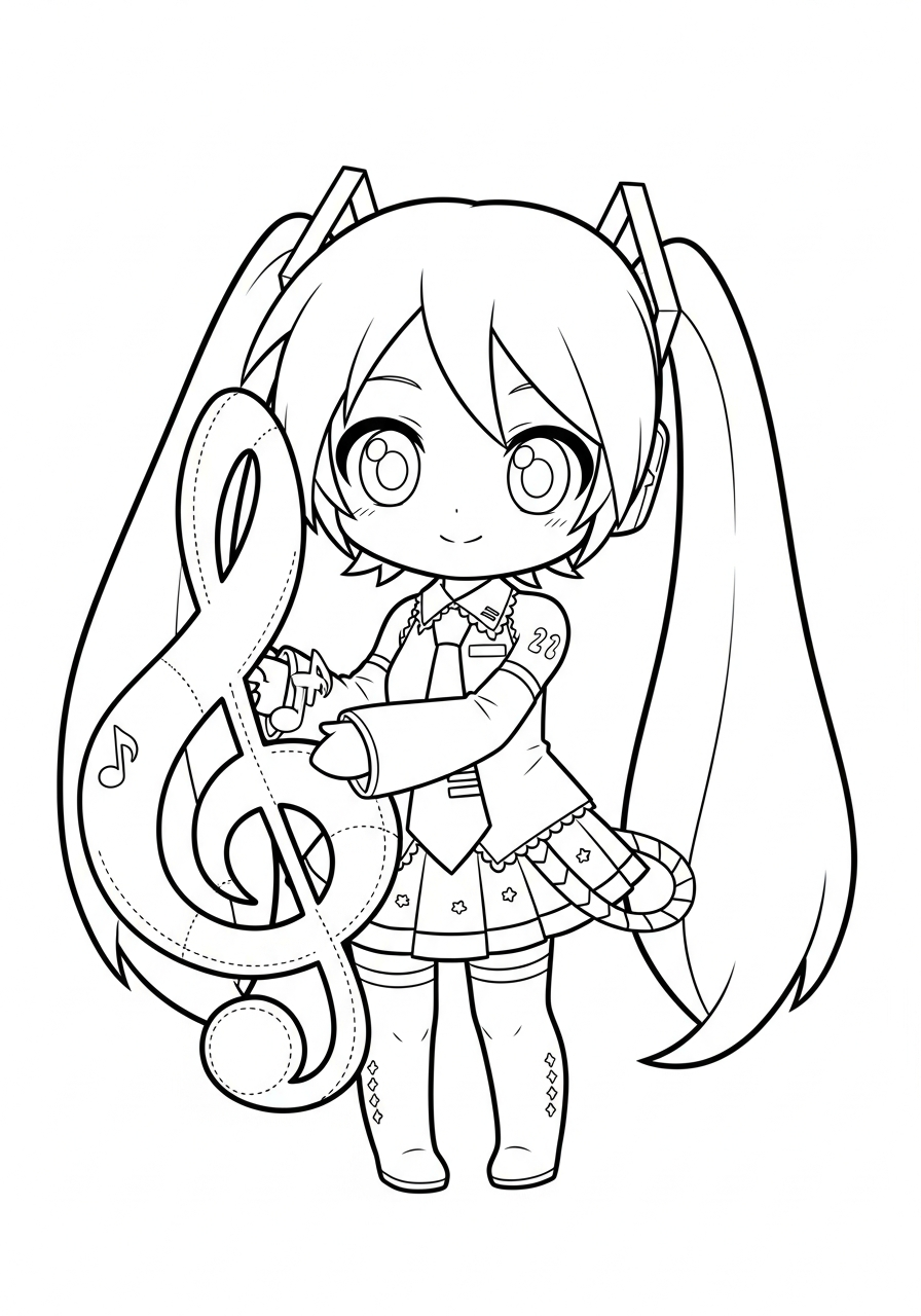 Miku hugging treble clef coloring page