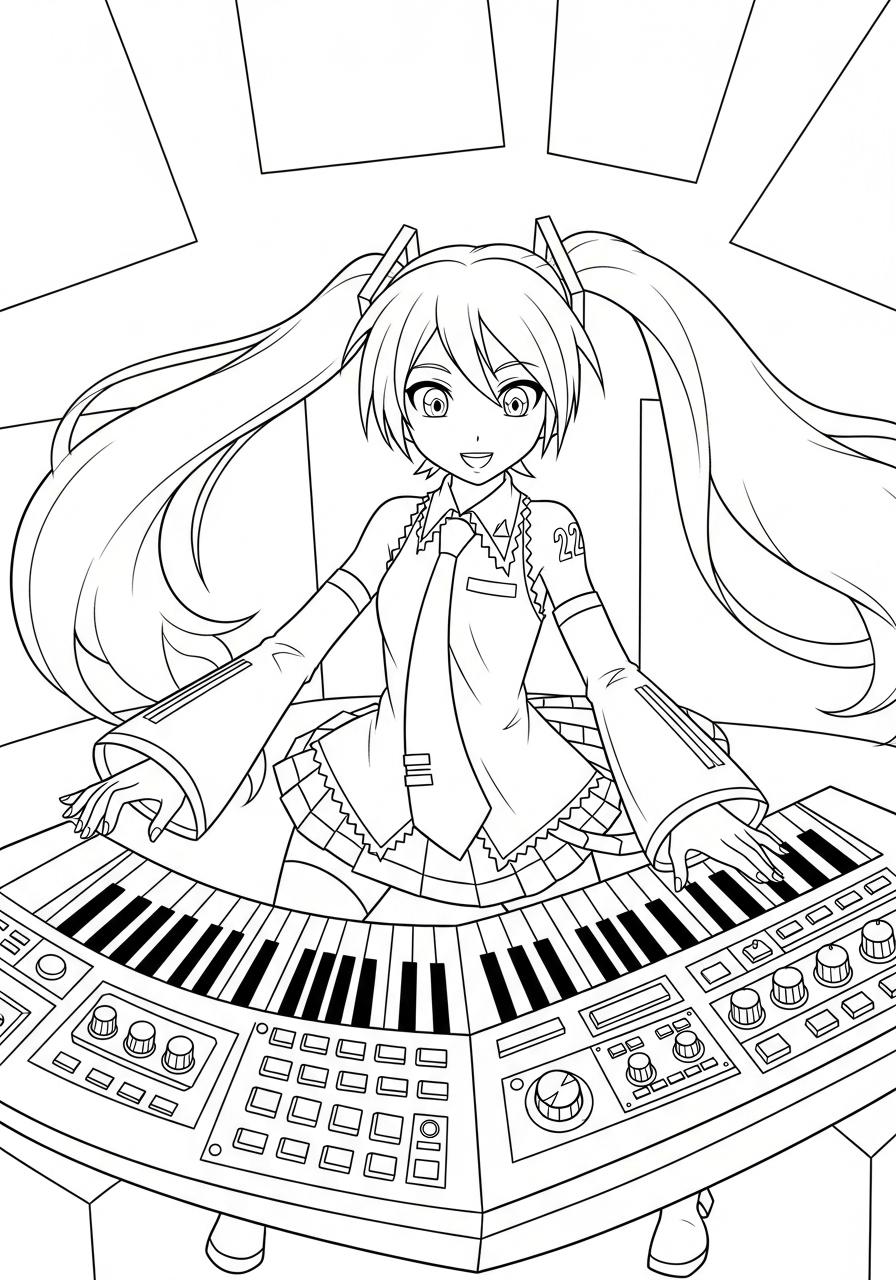 Miku playing keyboard piano coloring page