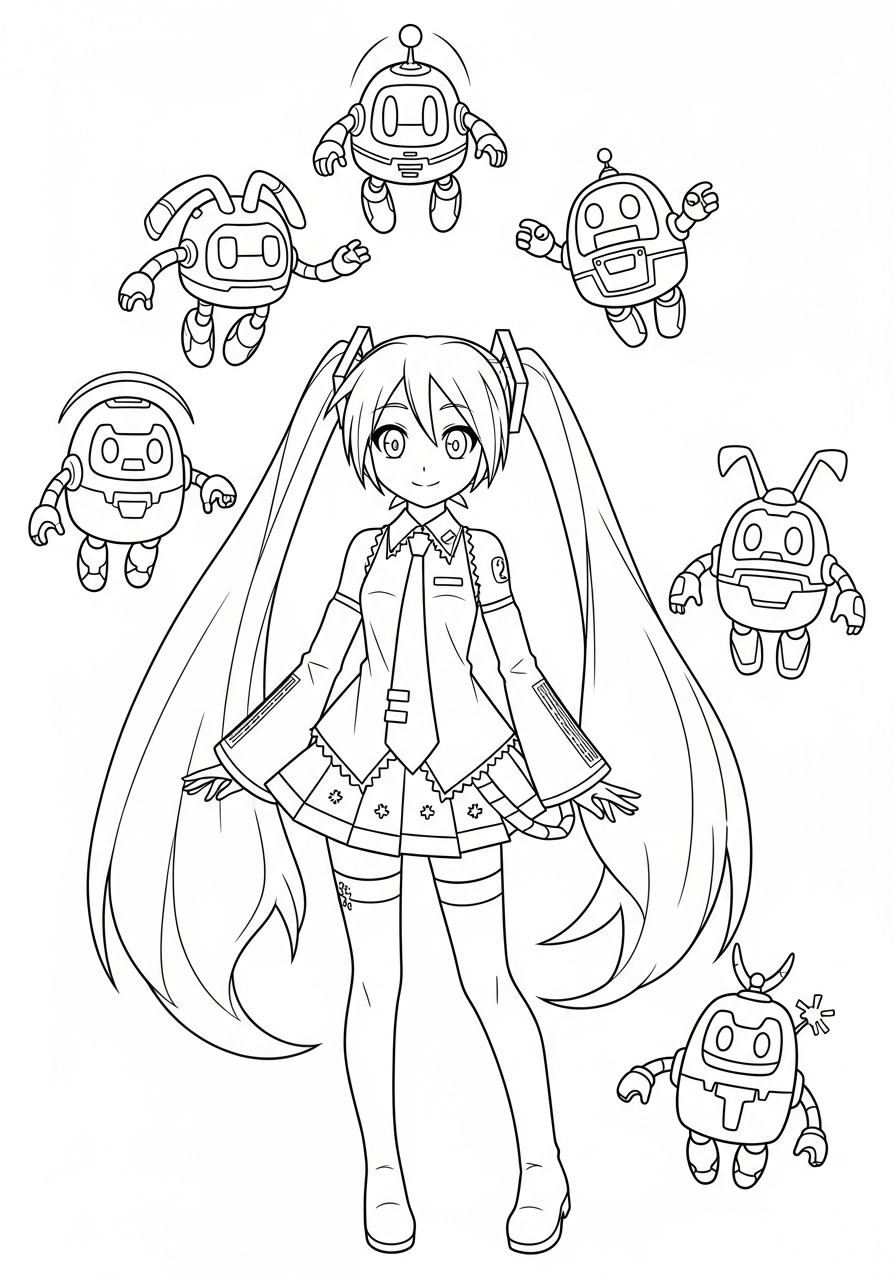Miku with cute robots coloring page