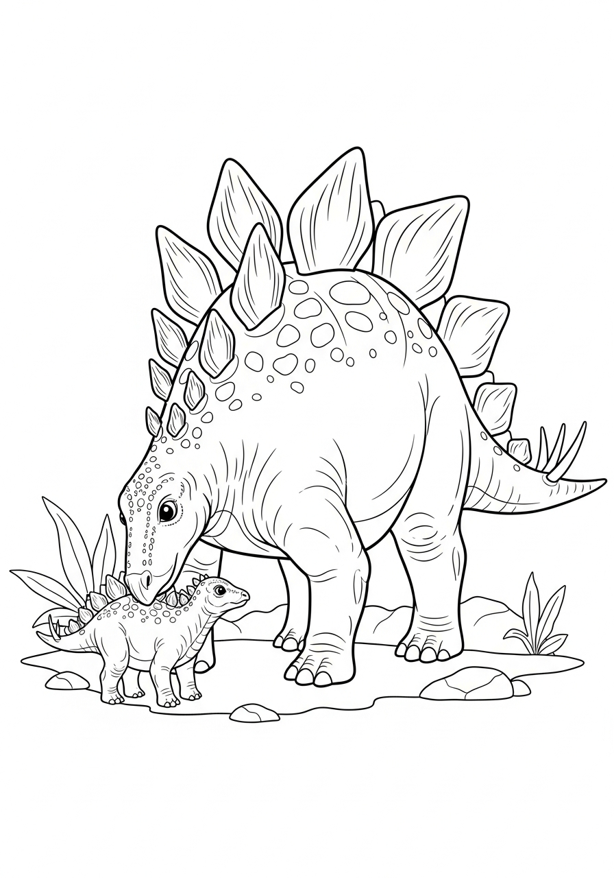 Mom and baby dinosaur stegosaurus coloring page