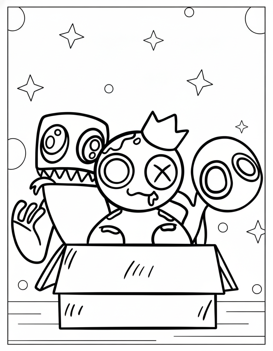 Rainbow Friends Coloring Pages 24 Monsters popping out box Rainbow Friends coloring page