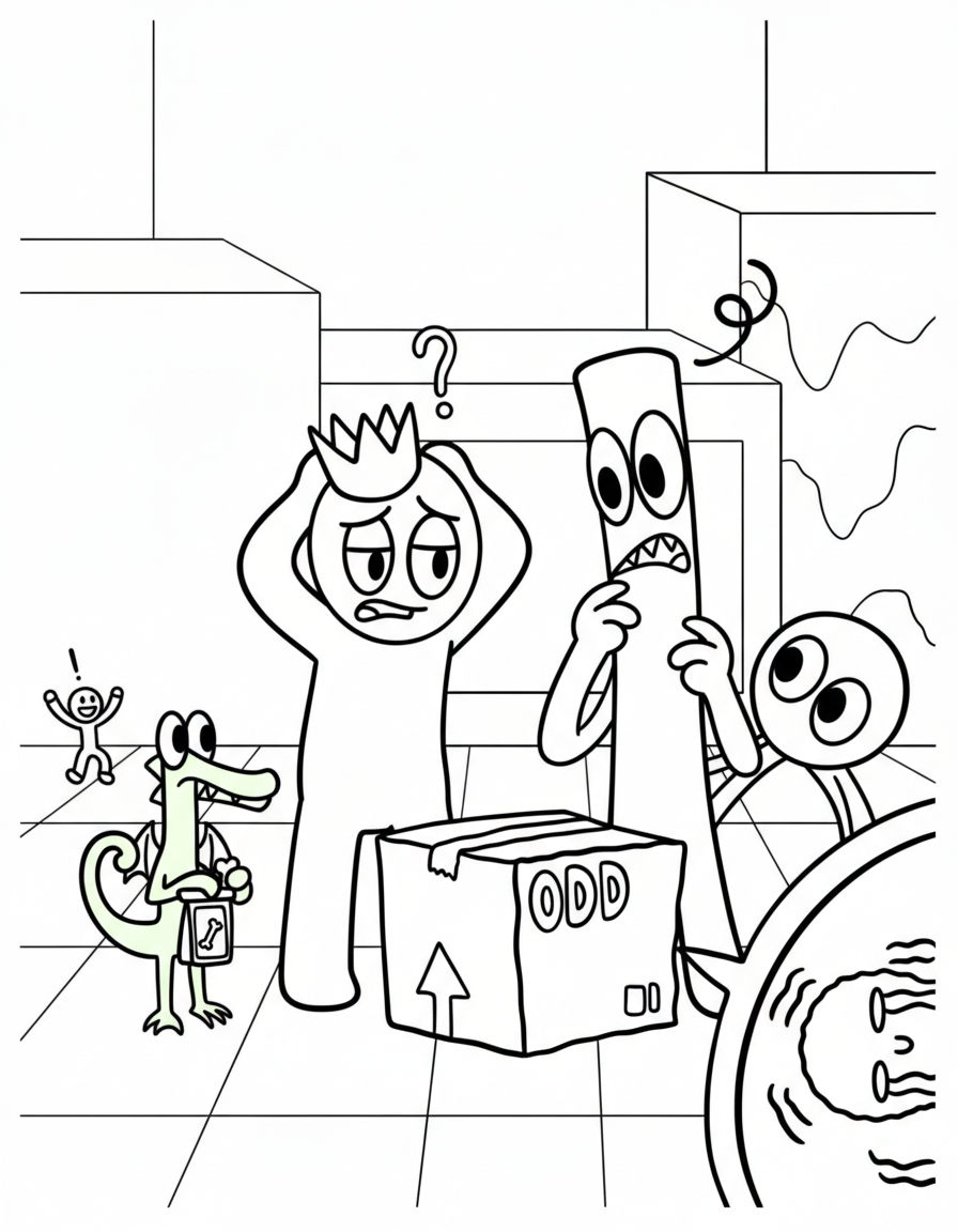 Rainbow Friends Coloring Pages 25 Monsters staring at odd box Rainbow Friends coloring page
