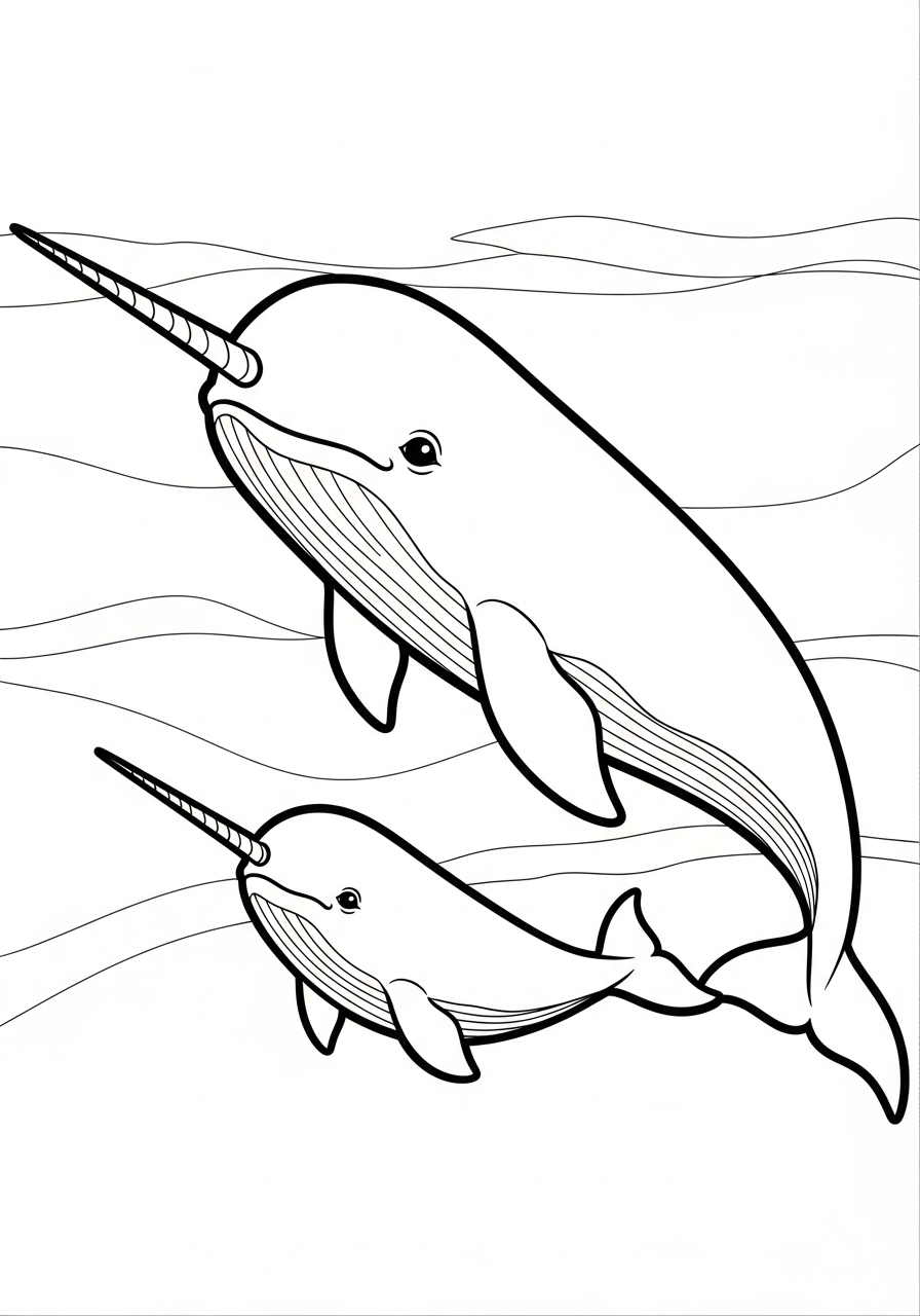 Narwhal Coloring Pages 15 Mother and baby narwhal swimming coloring page