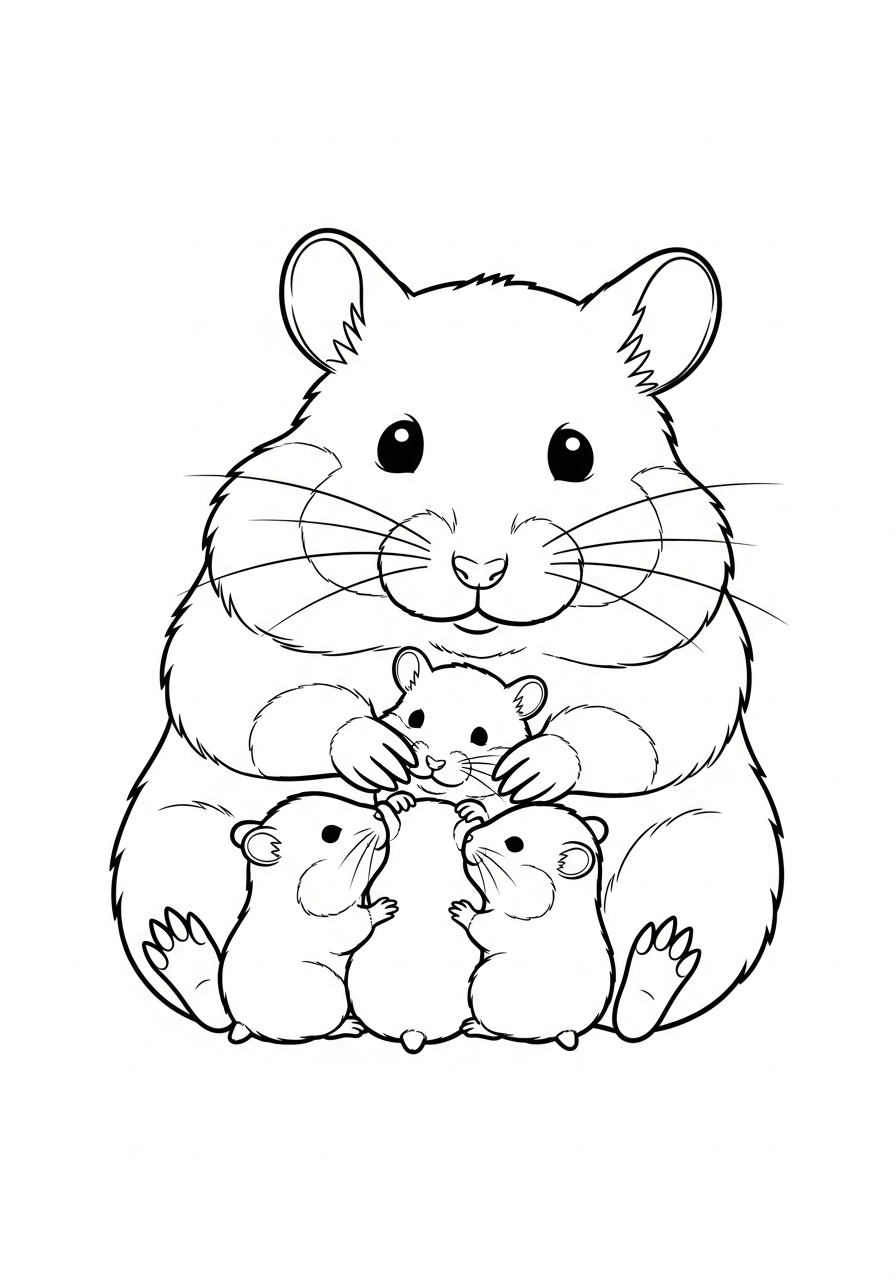 Mother hamster cuddling baby hamsters coloring page